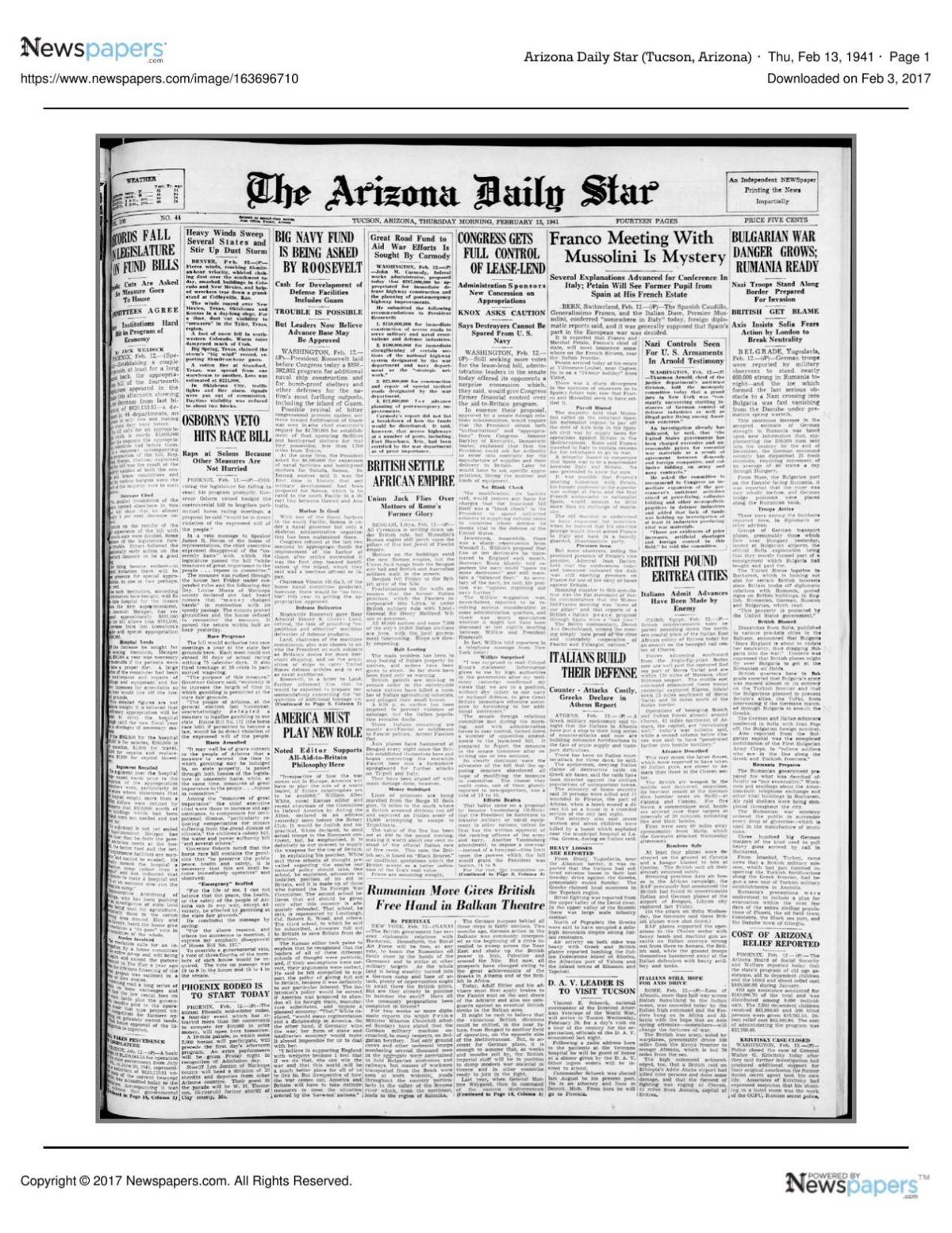 Arizona Daily Star front page Feb. 13, 1941