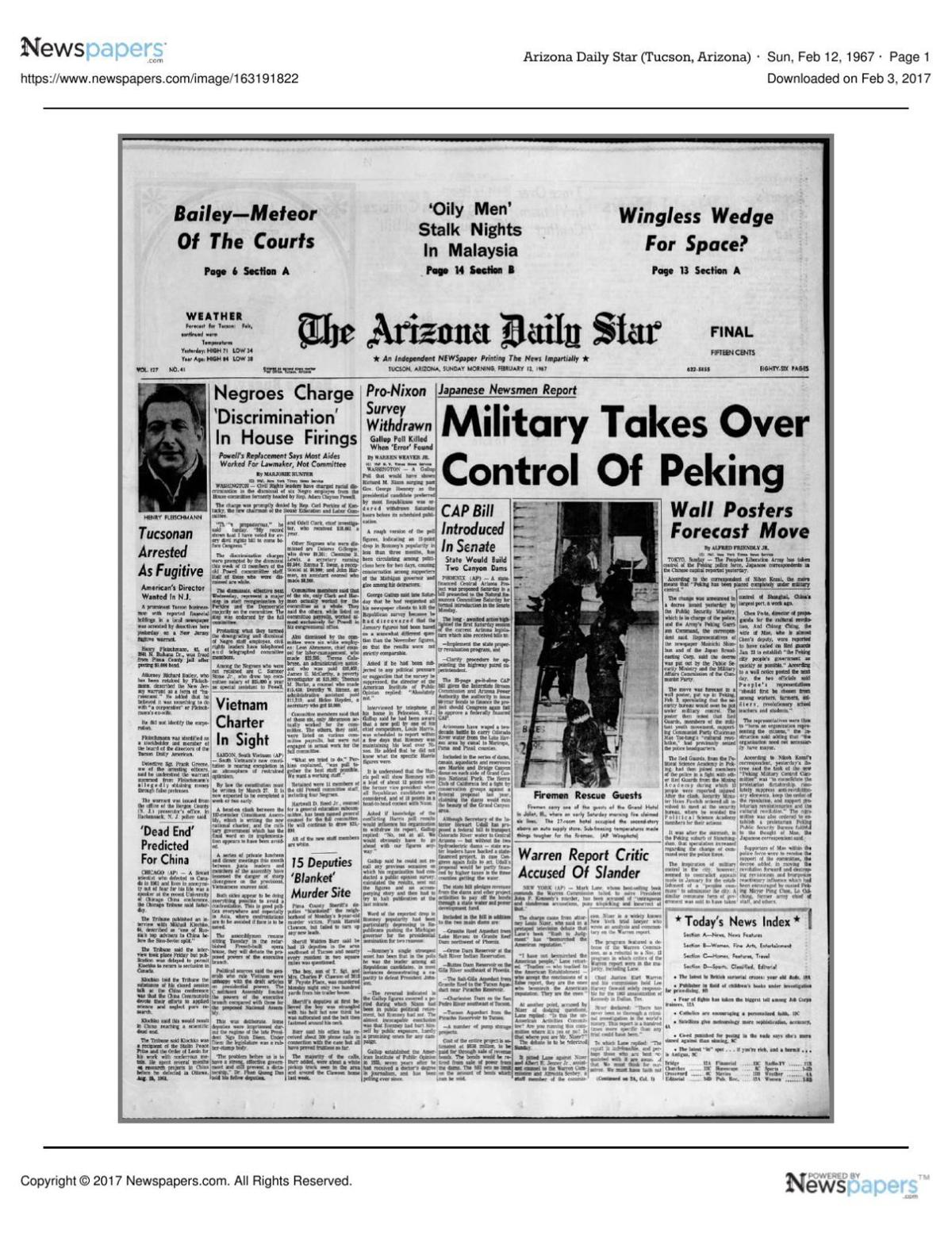 Arizona Daily Star front page Feb. 12, 1967