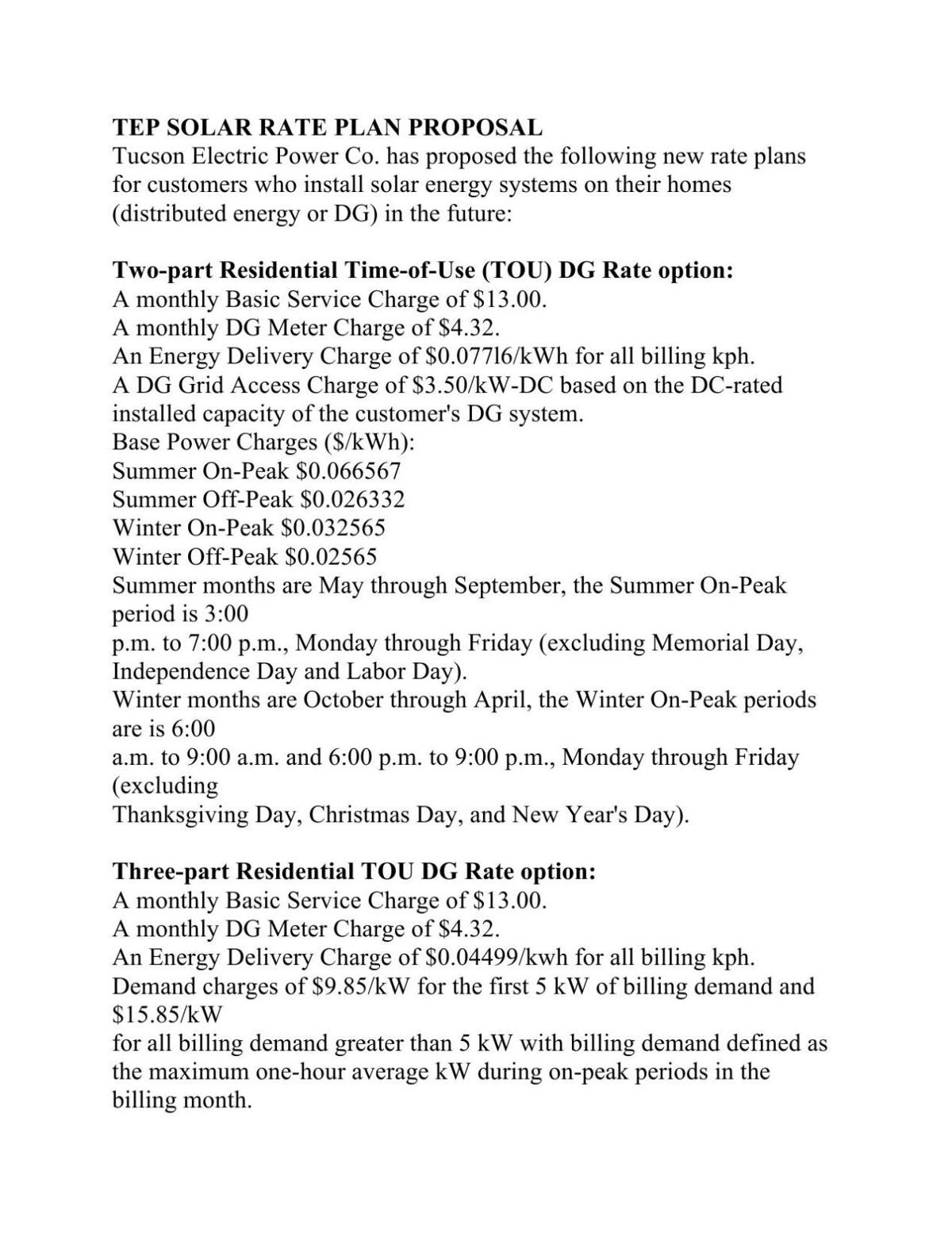 TEP new solar rate proposals