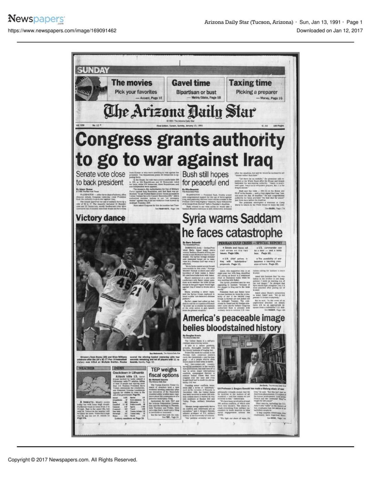 Arizona Daily Star front page Jan. 13, 1991