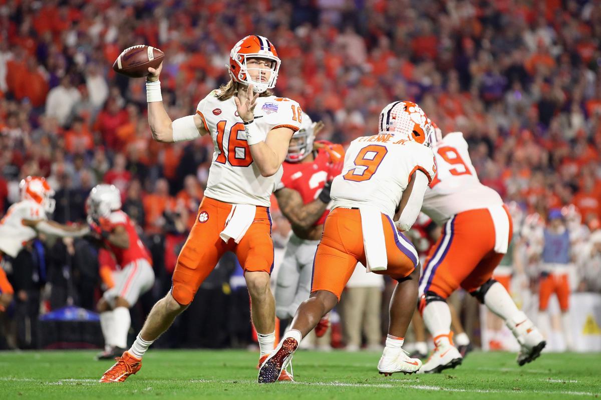 Clemson quarterback Trevor Lawrence (16) drops back to pass against Ohio State during the PlayStation Fiesta Bowl at State Farm Stadium on December 28, 2019, in Glendale, Arizona.