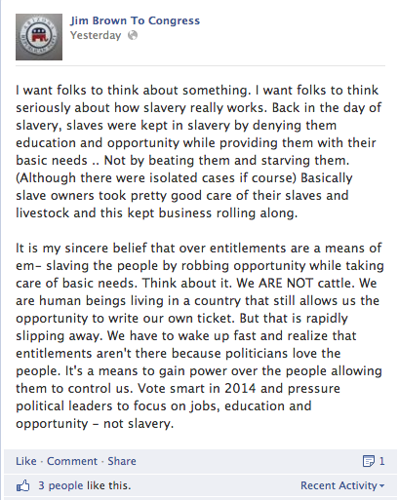 Screenshot: Brown equates entitlements to slavery