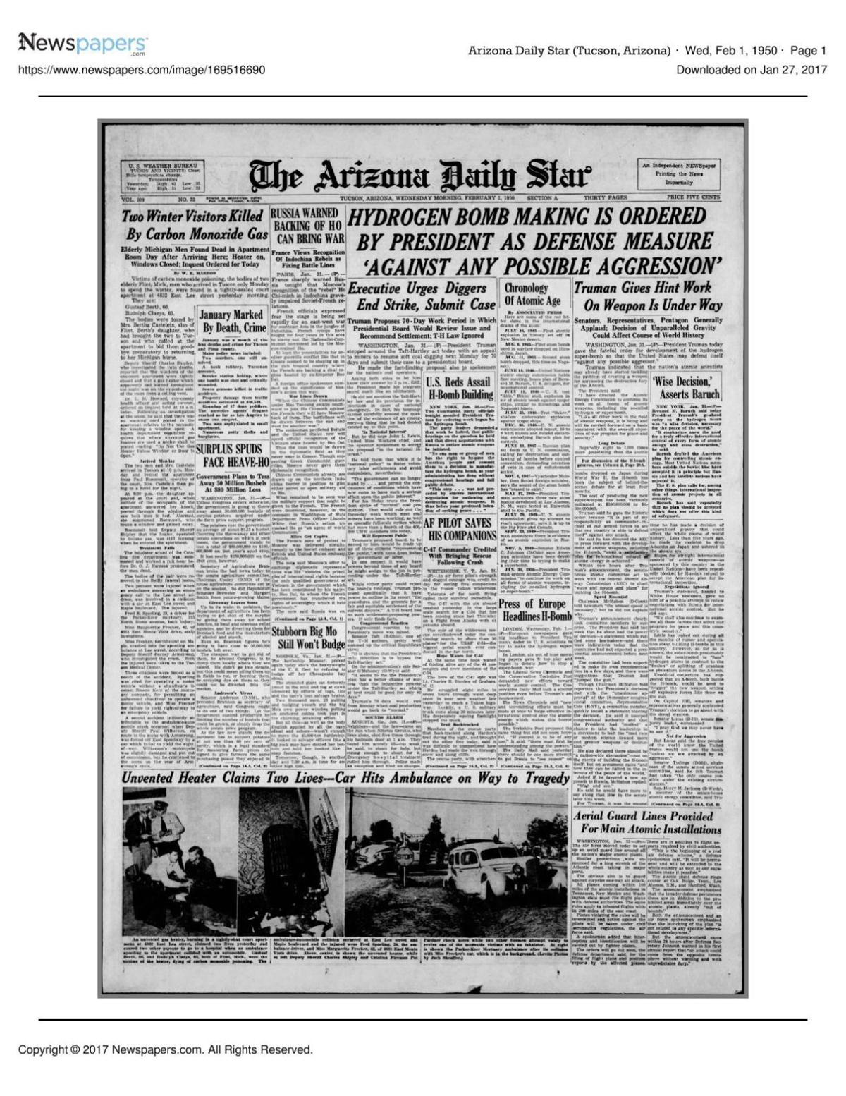 Arizona Daily Star front page Feb. 1, 1950