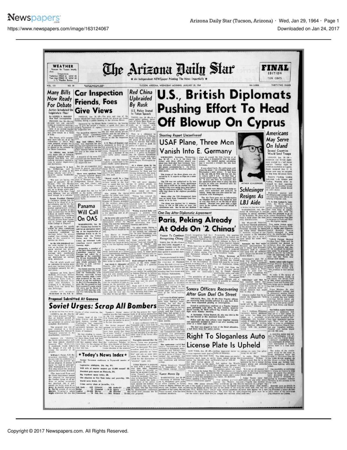 Arizona Daily Star front page Jan. 29, 1964