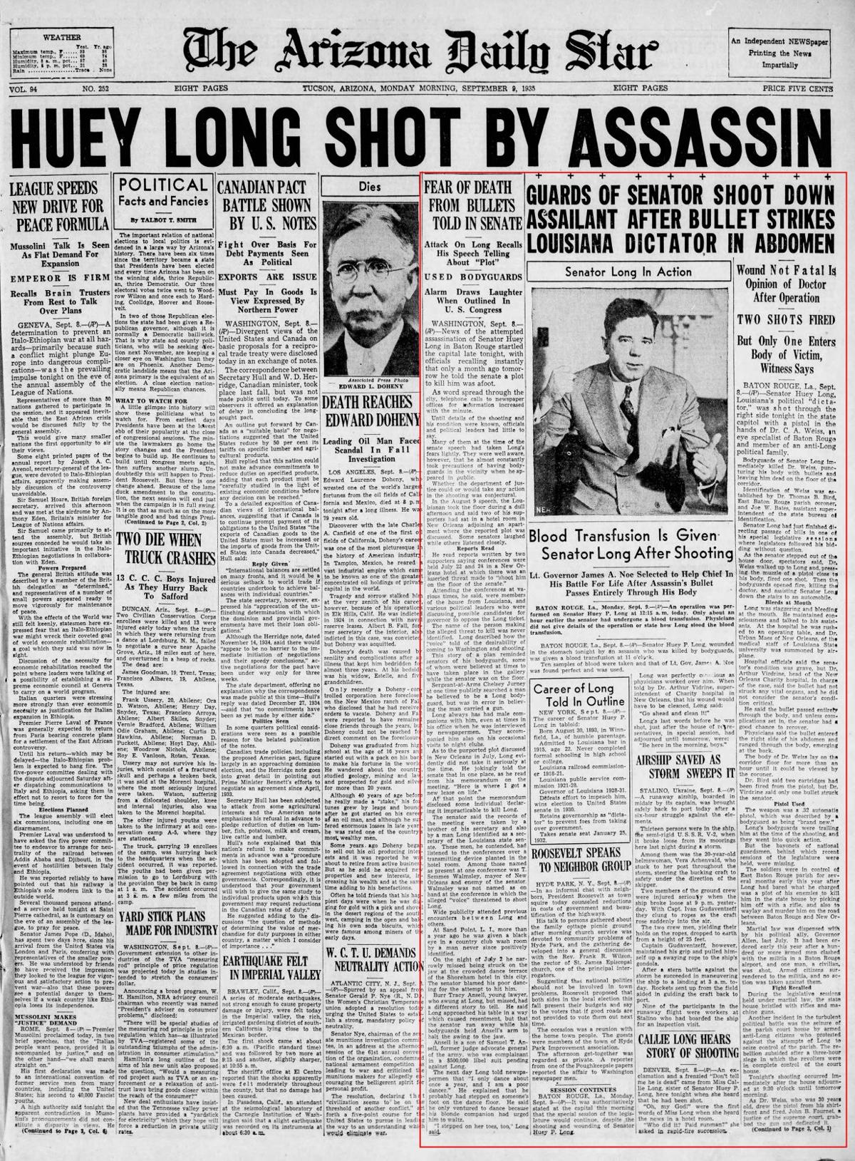 Sept. 9, 1935: Huey Long shot