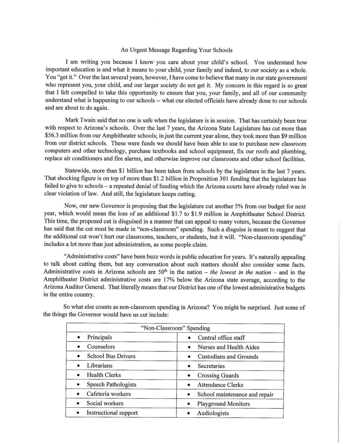 Letter from Amphitheater superintendent