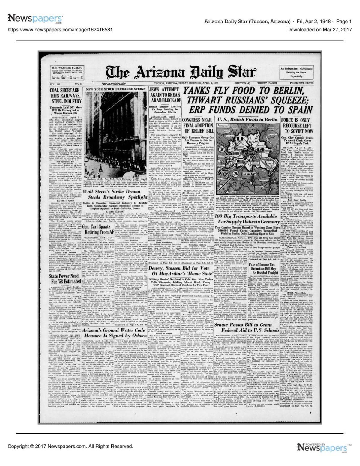Arizona Daily Star front page April 2, 1948