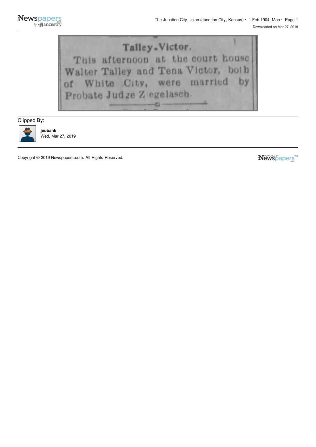 Article in the Junction City (Kansas) Union Feb. 1, 1904