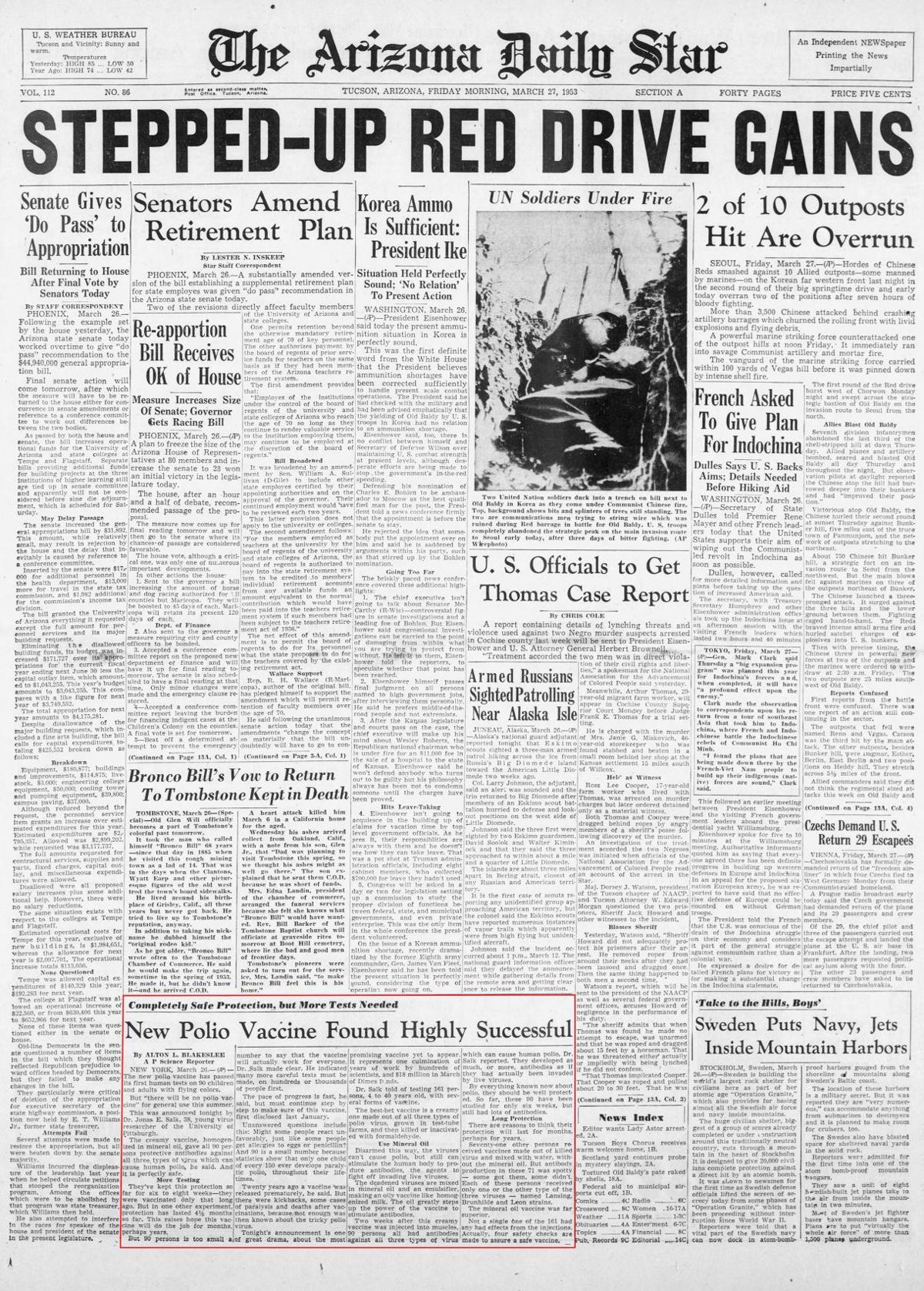 Friday, March 27, 1953, front page: New polio vaccine tested