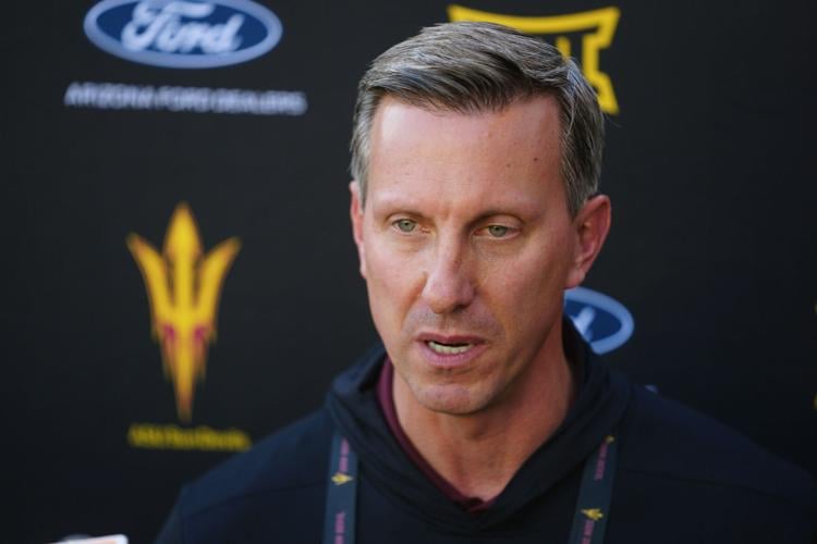 Arizona State athletic director Graham Rossini talks with the media during the Arizona State Fan Fest at Mountain America Stadium in Tempe on April 17, 2026.