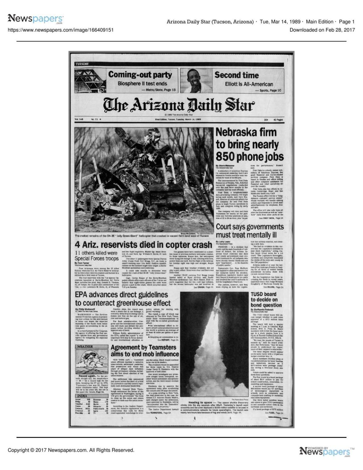 Arizona Daily Star front page March 14, 1989