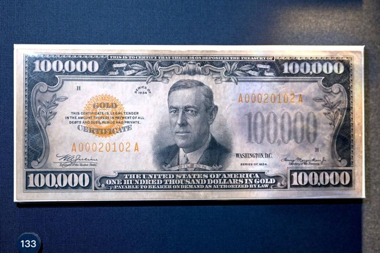 A $100,000 bill, the largest note ever printed in the country, on display at the newly redesigned“ Money in Motion” exhibit at the Federal Reserve Bank of Philadelphia, Thursday, May 7, 2026.