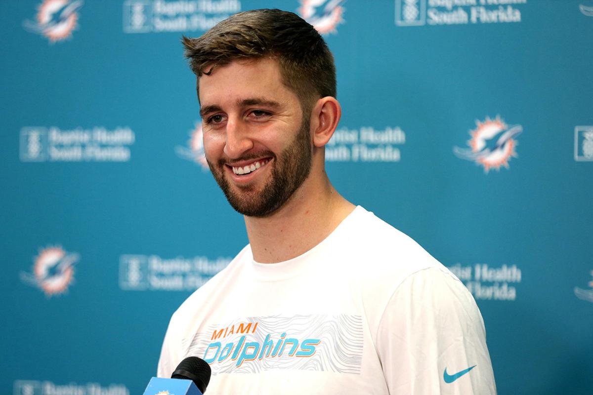 Miami Dolphins quarterback Josh Rosen talks to the media after being traded to the Dolphins during the draft, on April 29, 2019, at the team's training facility in Davie, Fla.