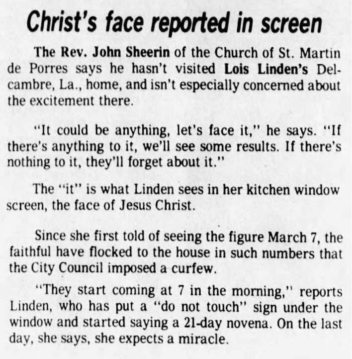 March 26, 1980: Christ's face reported in screen