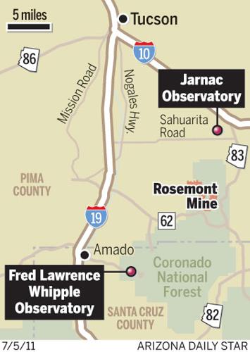 Map: Two observatories near Rosemont Mine