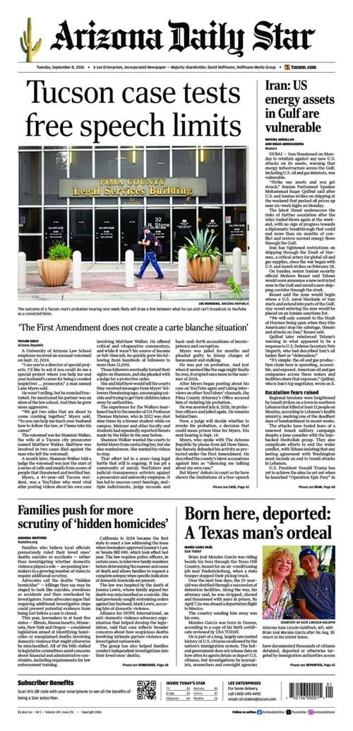 Today's front page from the Arizona Daily Star