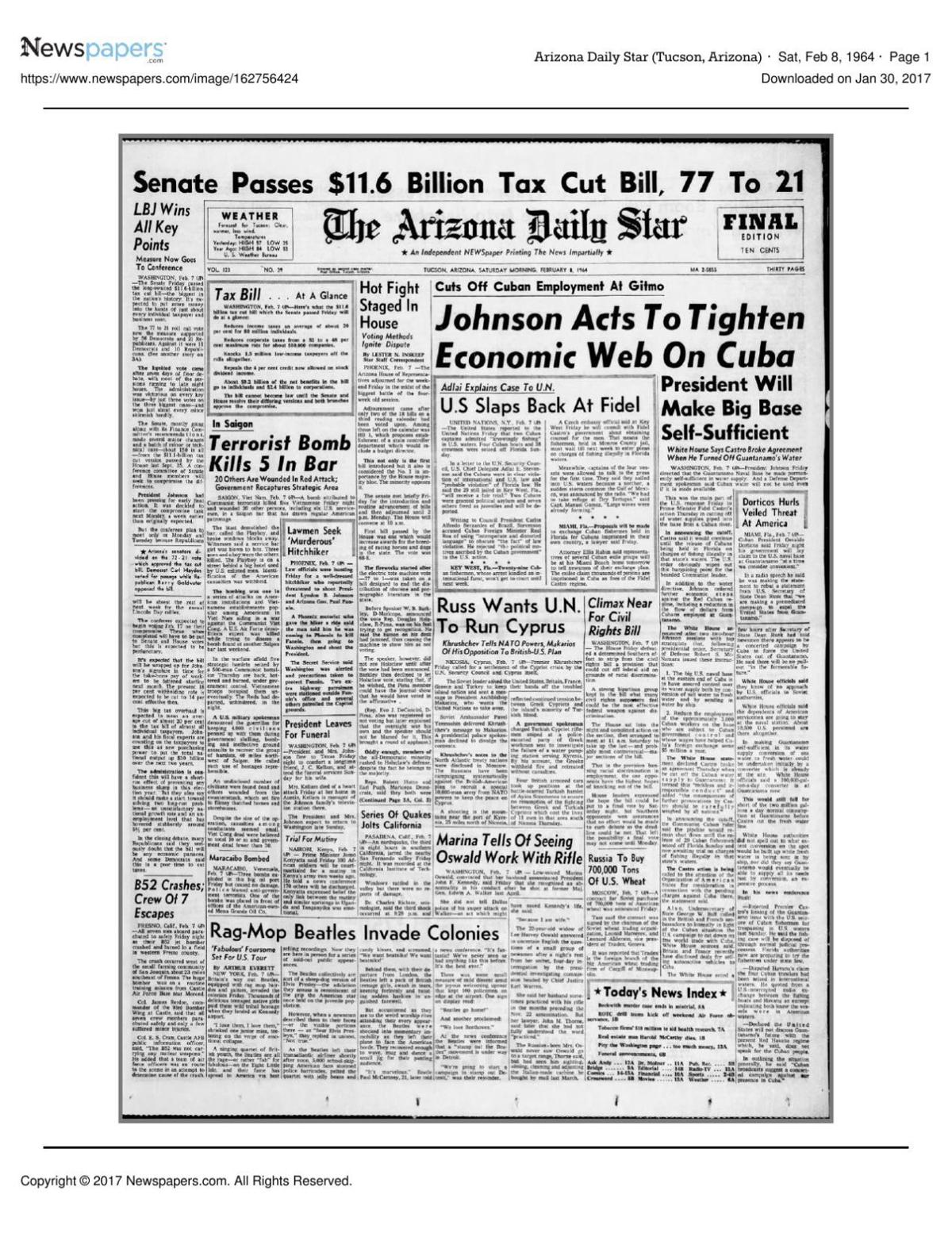 Arizona Daily Star front page Feb. 8, 1964