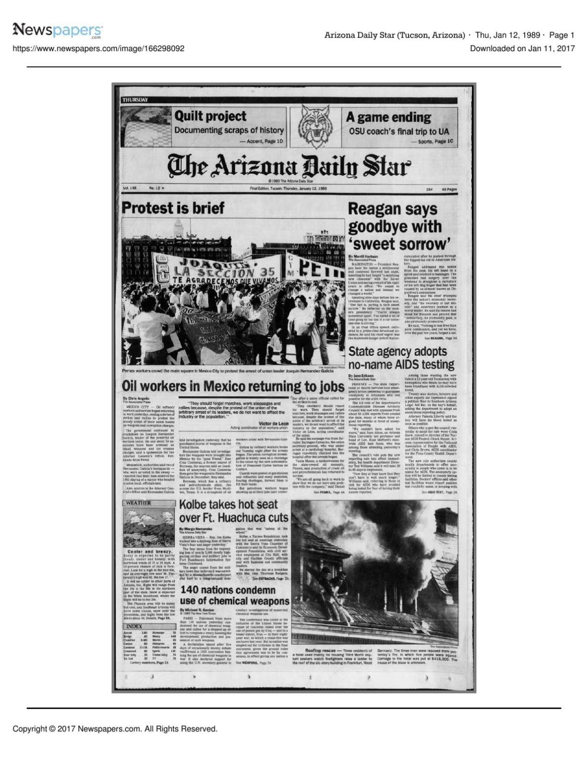 Arizona Daily Star front page Jan. 12, 1989
