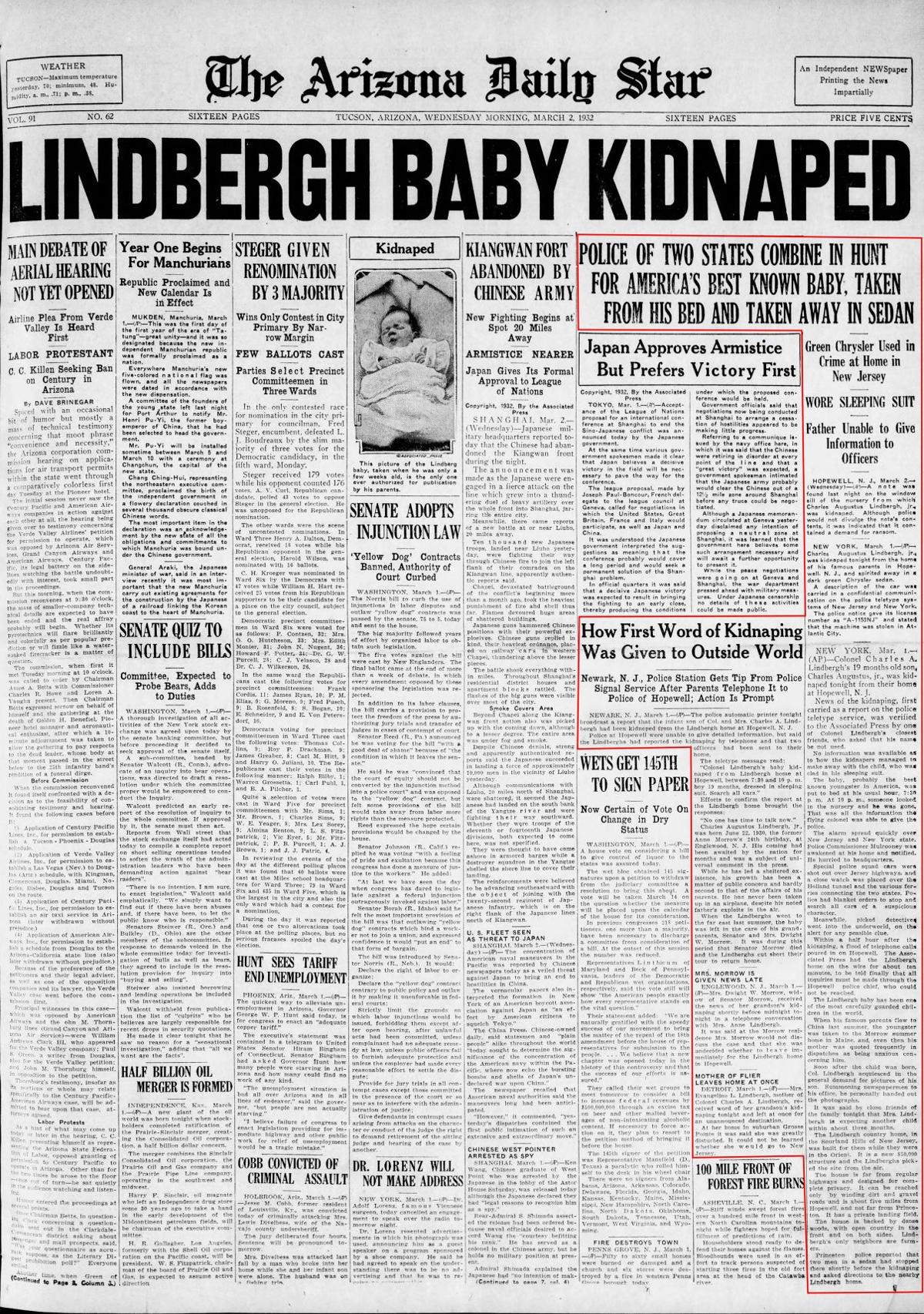 Wednesday, March 2, 1932, front page: Lindbergh baby kidnaped