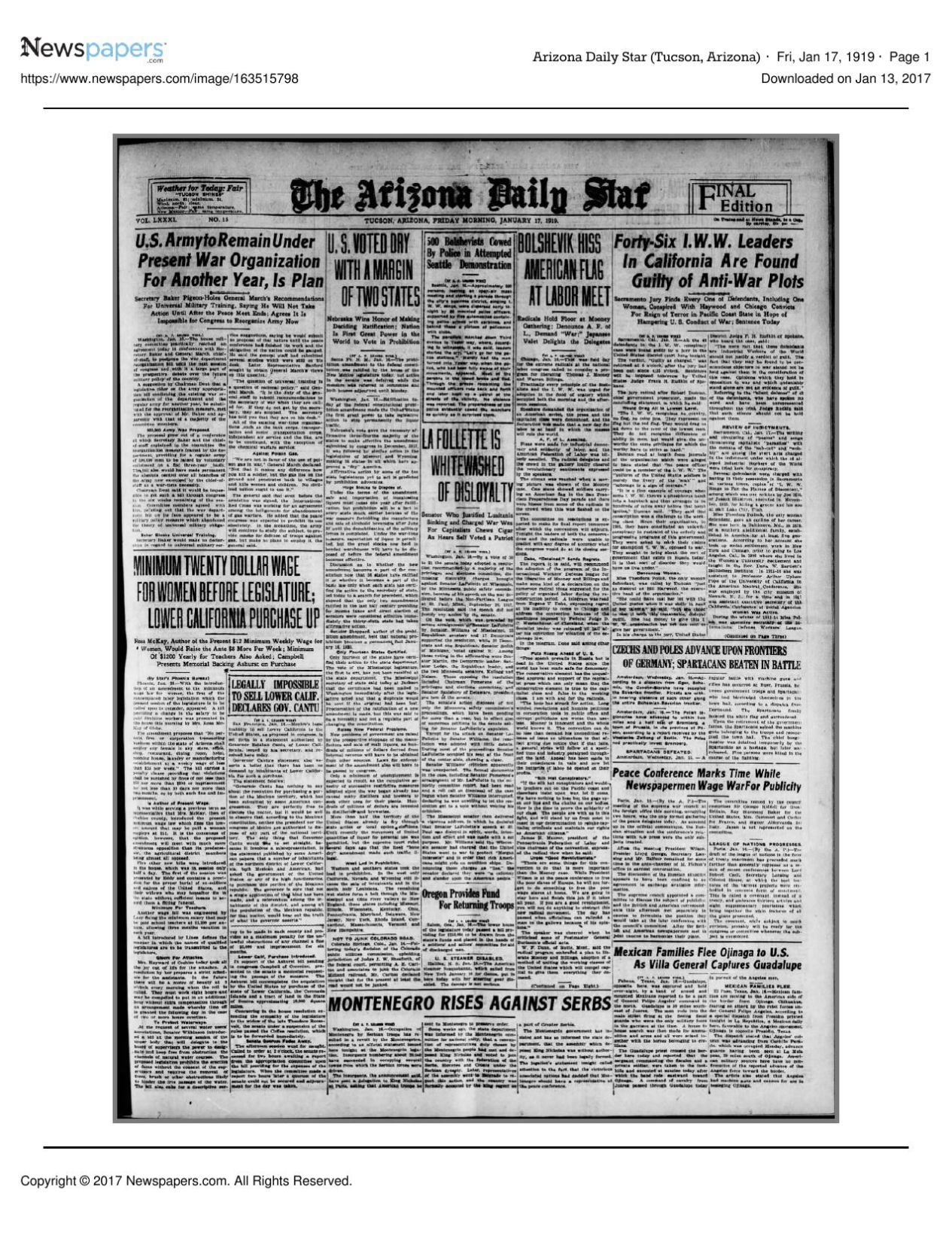 Arizona Daily Star Front Page Jan. 17, 1919