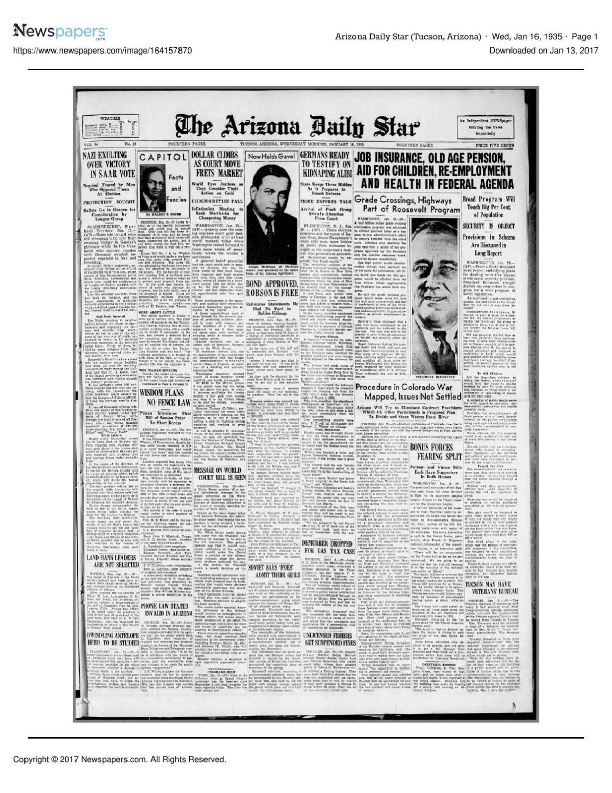 Arizona Daily Star front page Jan. 16, 1935