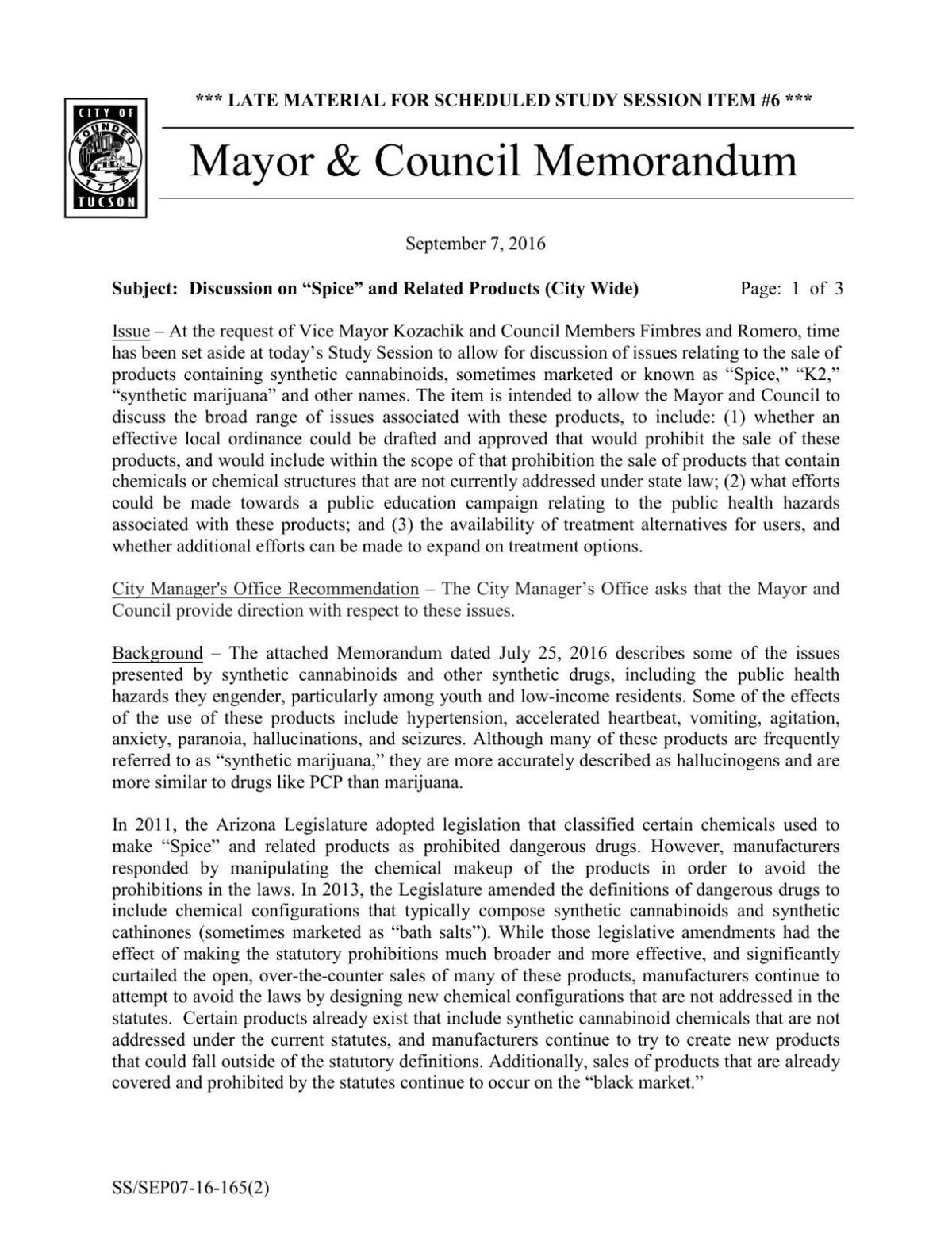 Mayor & Council Memorandum, Spice ban