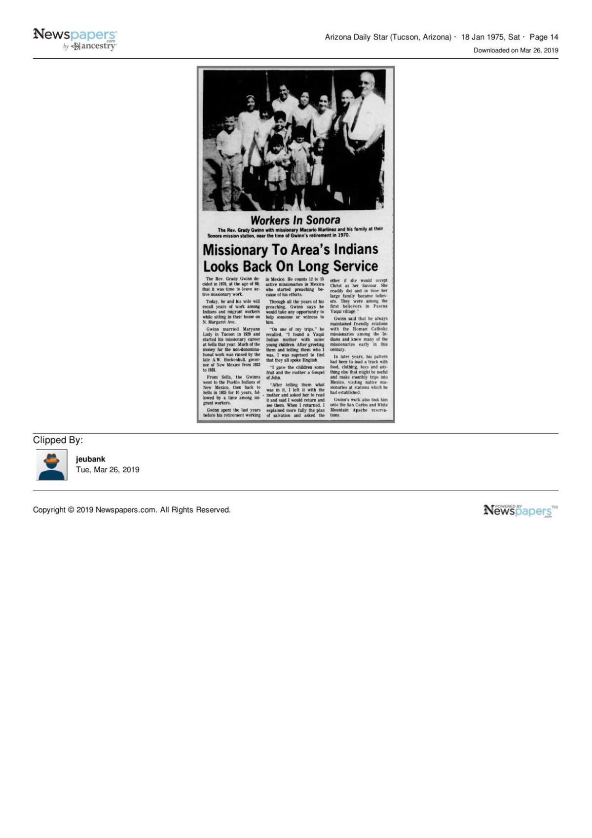 Arizona Daily Star article Jan. 18, 1975