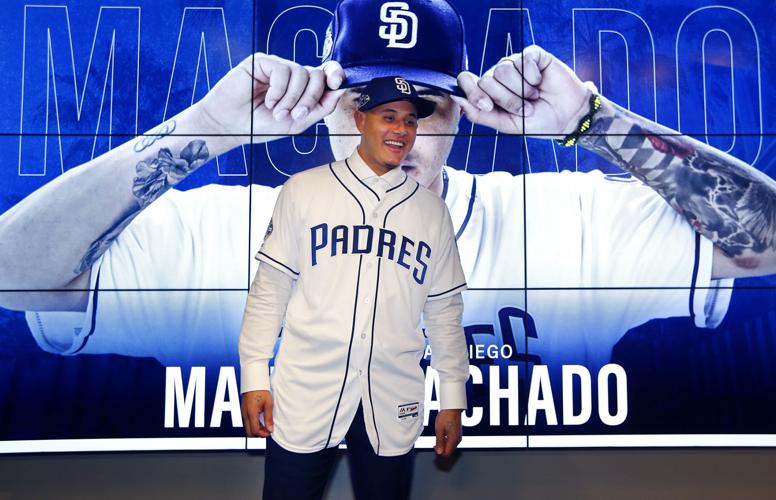 San Diego Padres introduce Manny Machado at a news conference on Friday, Feb. 22, 2019, in Peoria, Ariz. Machado agreed to a 10-year, $300 million contract with the Padres.