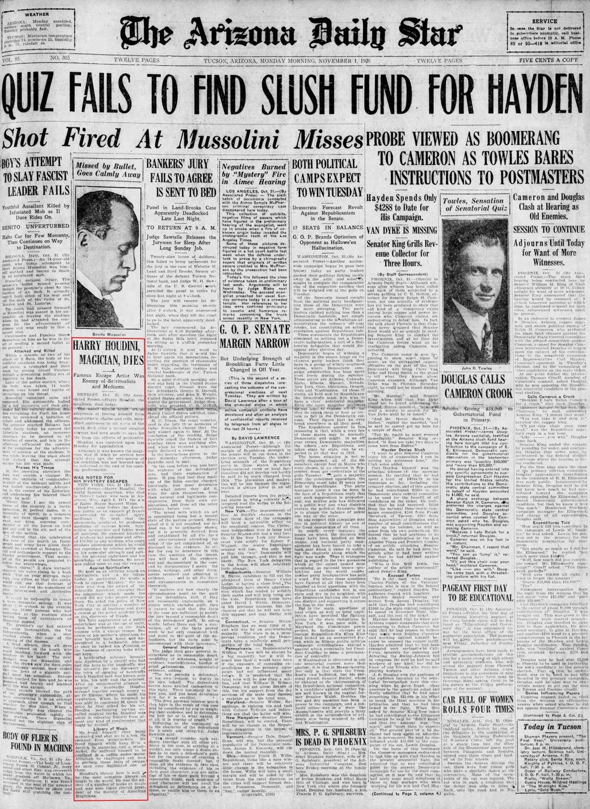 Nov. 1, 1926: Houdini is dead