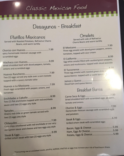 San Carlos grill menu