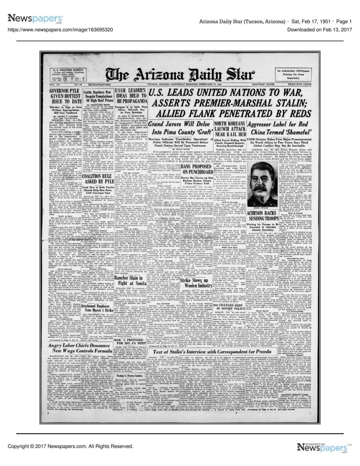 Arizona Daily Star front page Feb. 17, 1951