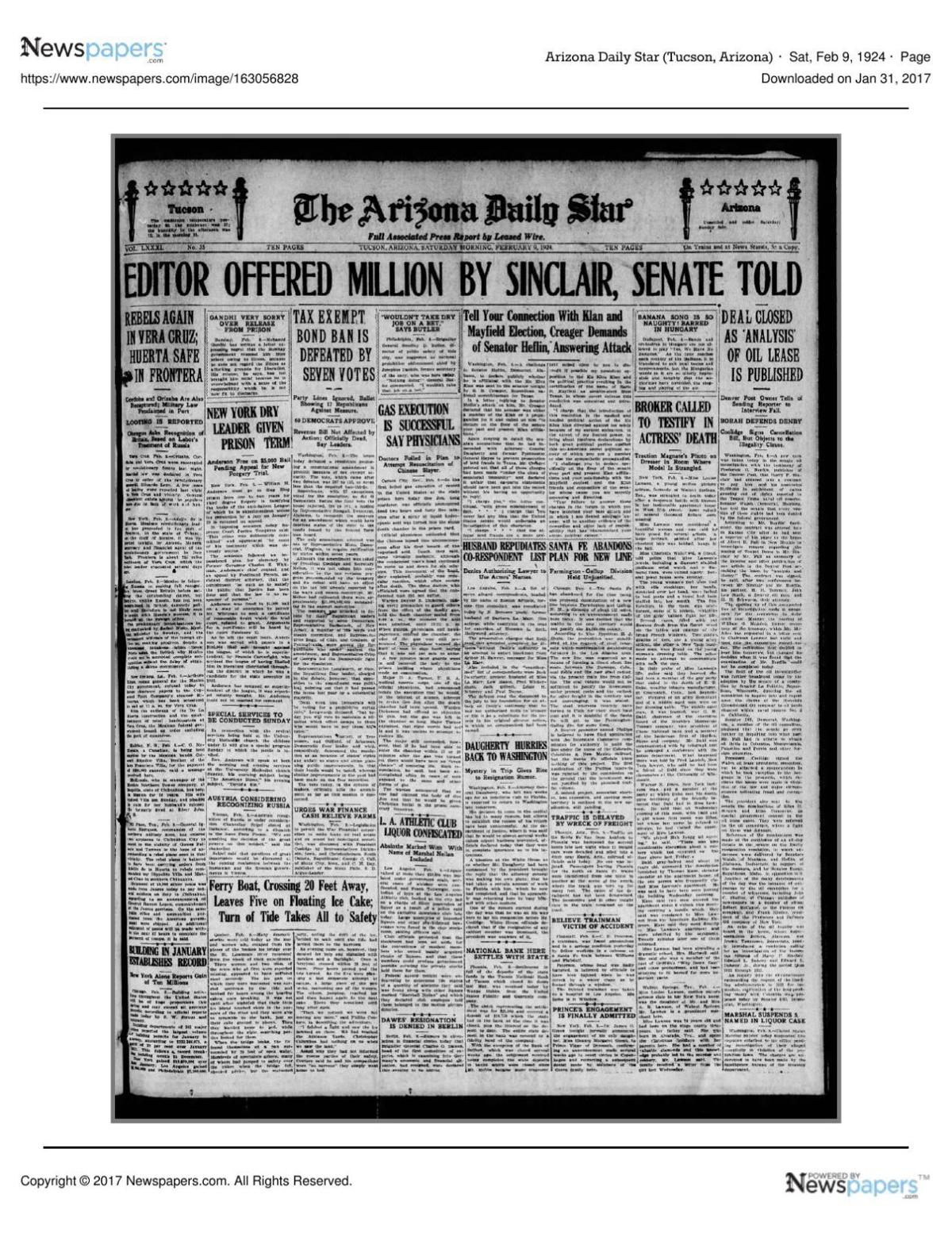Arizona Daily Star front page Feb. 9, 1924