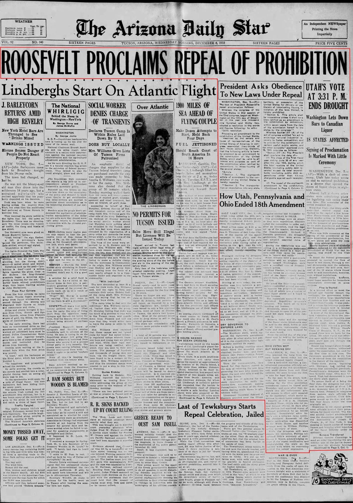Dec. 6, 1933: Prohibition repealed