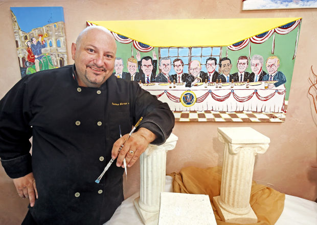 Pizza with a topping of owner art    