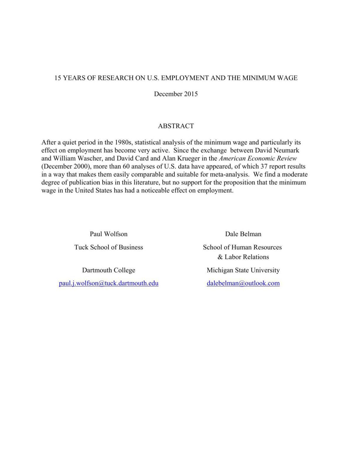 15 Years of Research on U.S. Employment and the Minimum Wage