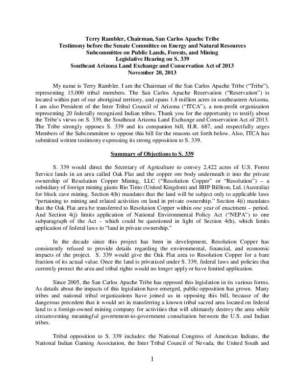 San Carlos Apache Tribe statement of opposition