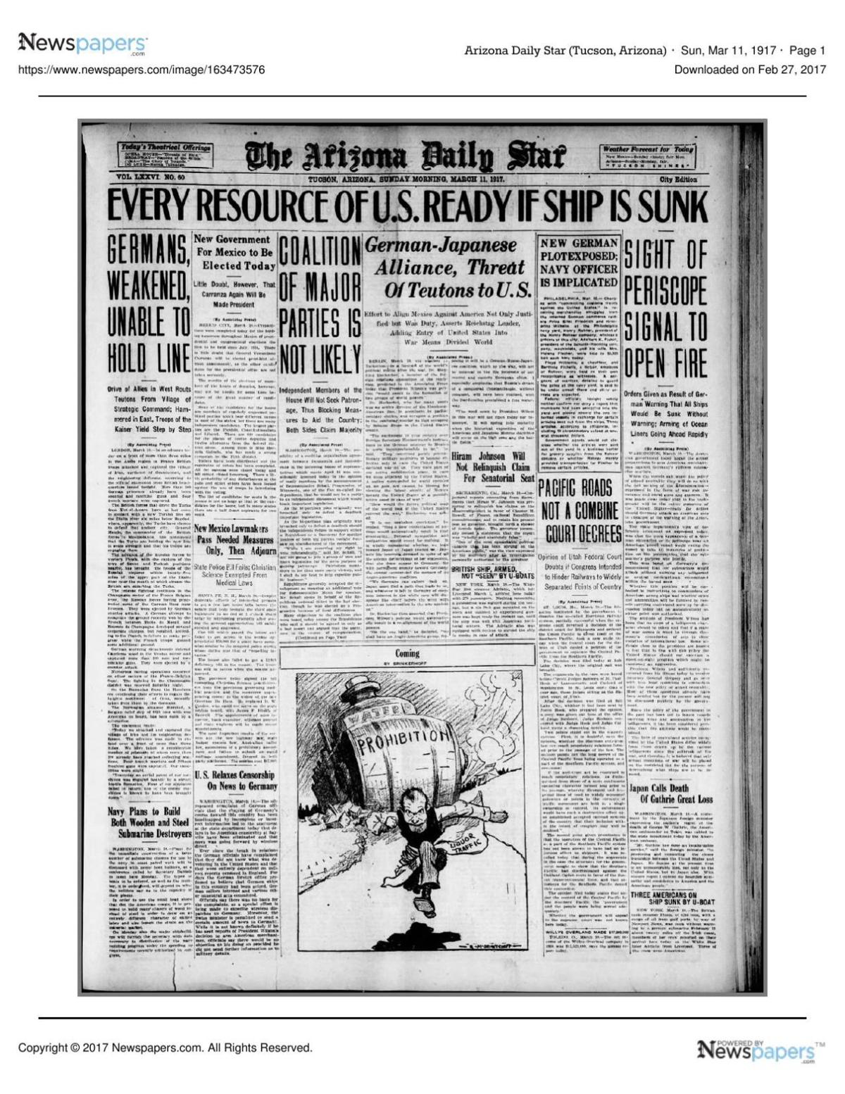 Arizona Daily Star front page March 11, 1917