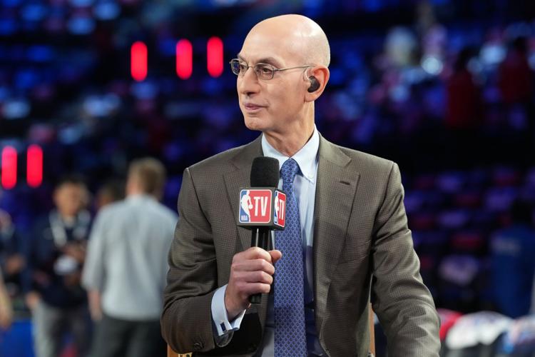 Feb 15, 2026; Inglewood, California, USA; NBA commissioner Adam Silver talks to media before the 75th NBA All Star Game at Intuit Dome.