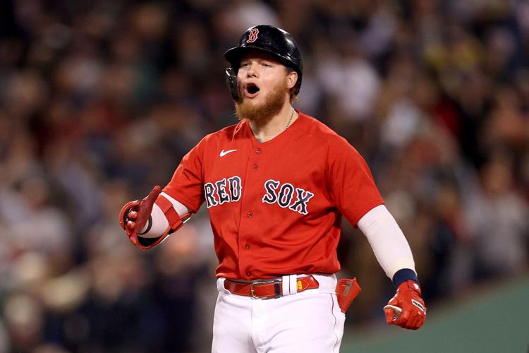 Alex Verdugo of the Boston Red Sox celebrates his RBI double against the New York Yankees during the sixth inning of the American League Wild Card game at Fenway Park on Tuesday, Oct. 5, 2021, in Boston.