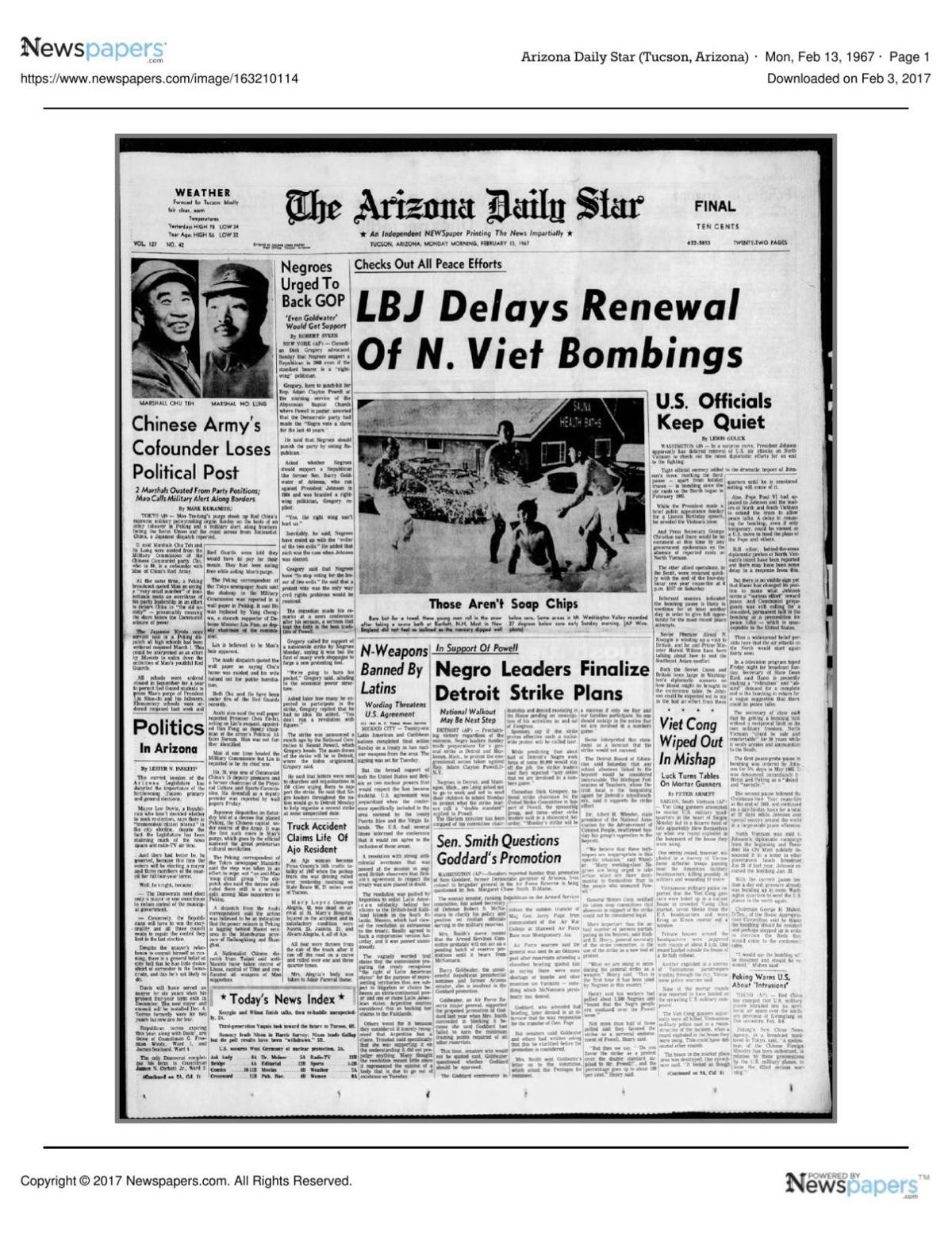 Arizona Daily Star front page Feb. 13, 1967