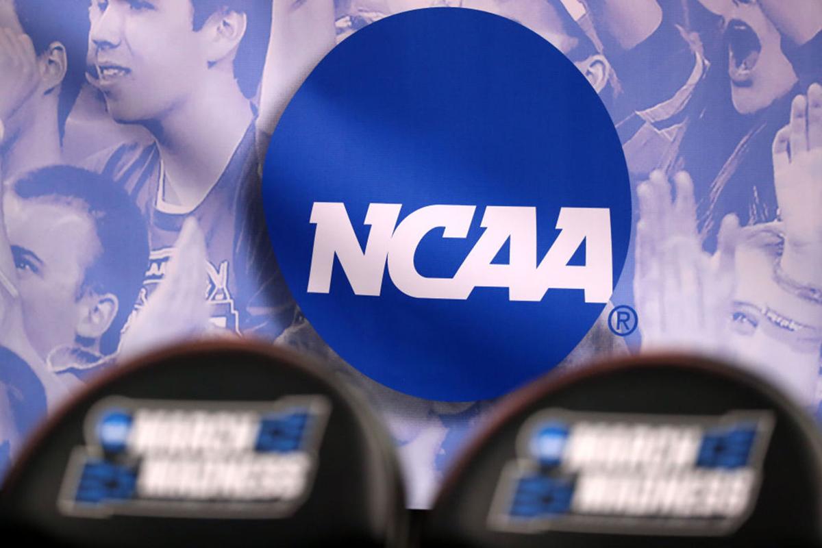 The NCAA logo is seen in the second half of the game between the Northwestern Wildcats and the Vanderbilt Commodores during the first round of the 2017 NCAA Men's Basketball Tournament at Vivint Smart Home Arena on March 16, 2017 in Salt Lake City, Utah.