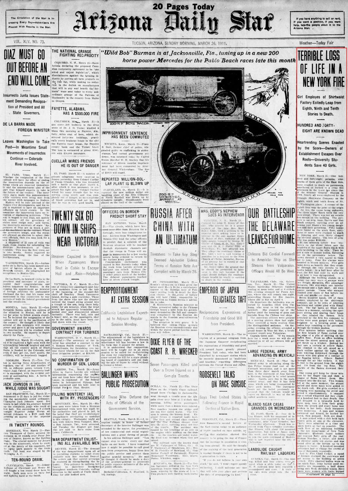 Sunday, March 26, 1911, front page: Triangle Shirtwaist Factory fire