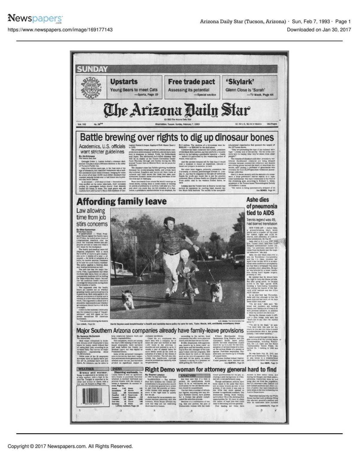 Arizona Daily Star front page Feb. 7, 1993