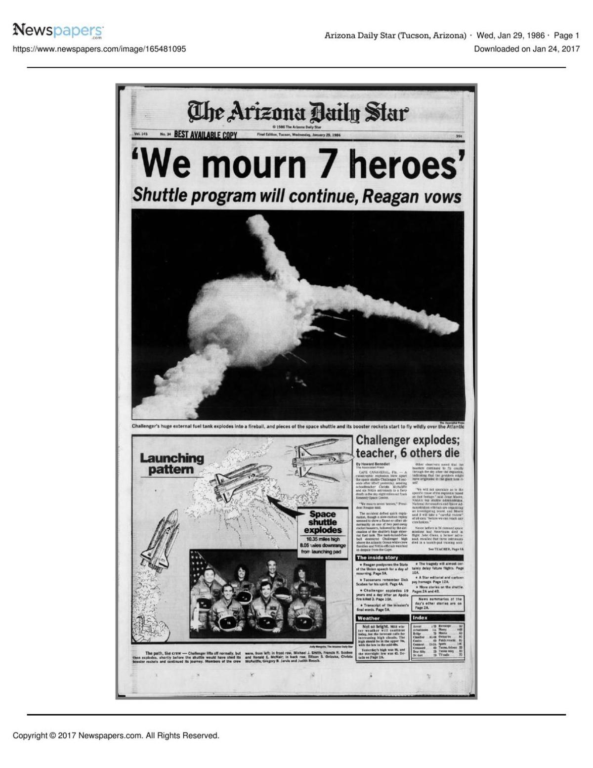 Arizona Daily Star front page Jan. 29, 1986
