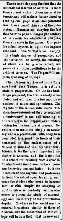 Arizona Daily Star article March 27, 1891, about Arizona's interest in education