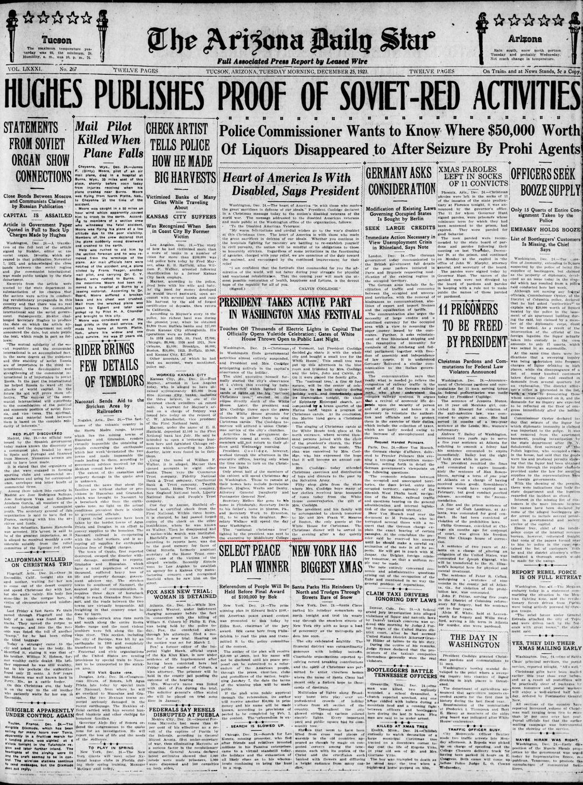 Dec. 25, 1923: President lights first national Christmas tree