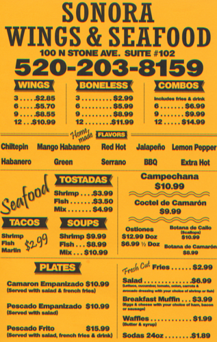 Sonora Wings and Seafood menu