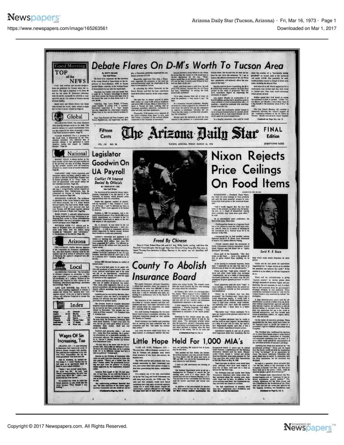 Arizona Daily Star front page March 16, 1973