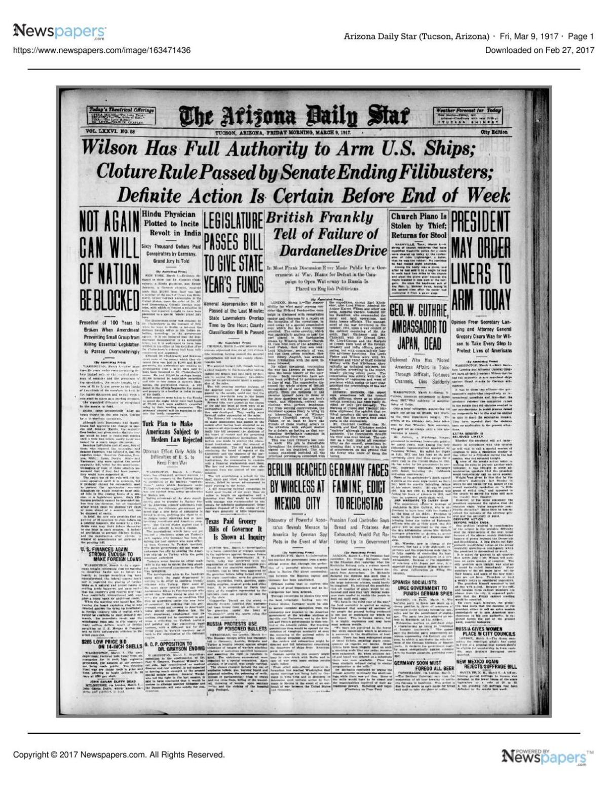 Arizona Daily Star front page March 9, 1917