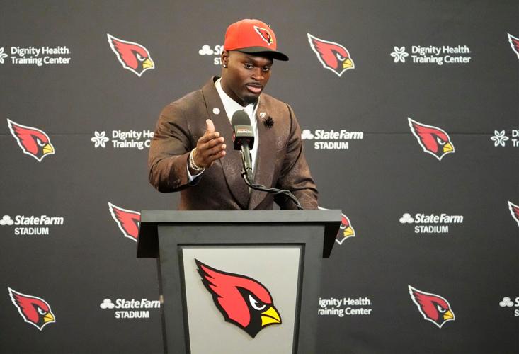 The Arizona Cardinals introduce their first-round draft pickÂ running back Jeremiyah LoveÂ during a news conference at the Cardinals Dignity Health training facility on April 24, 2026, in Tempe, Ariz.